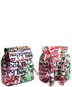 Graffiti Print Bucket Backpack 6546 MULTI B